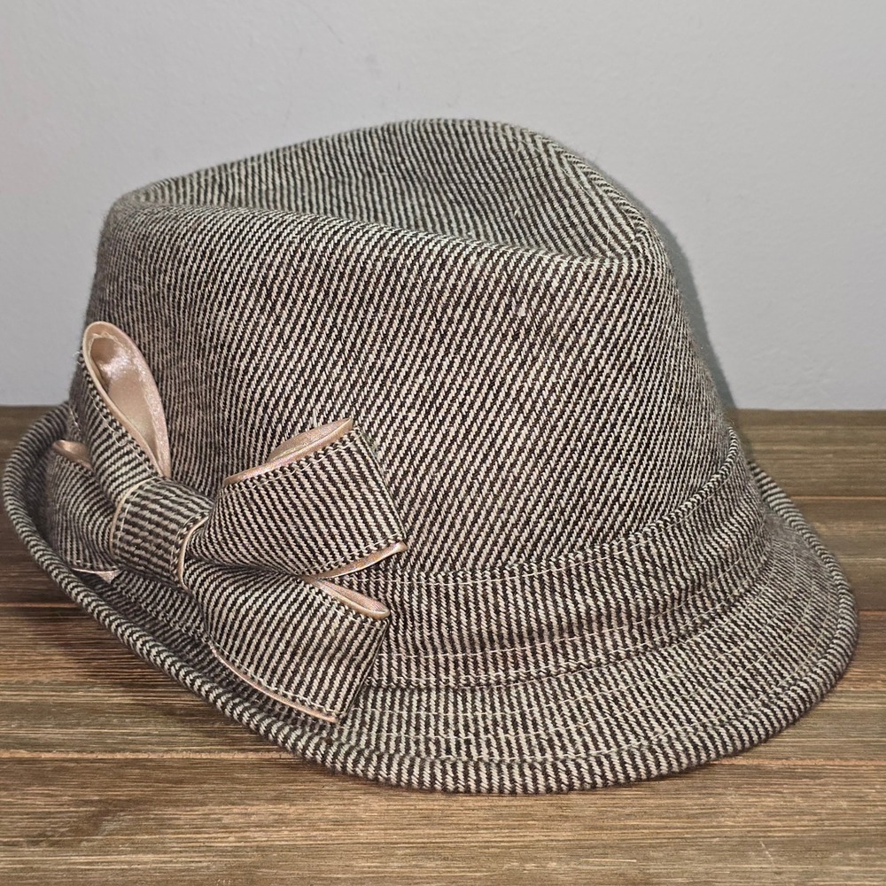 Brown Striped Womens Fedora Hat with Side Bow Detail One Size